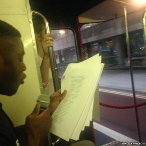 Marco Brondon reads on the 19 bus.