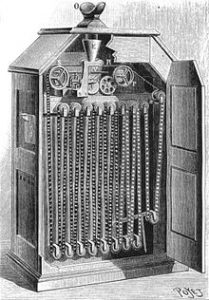 A view of the Kinetoscope that shows the inner workings of the film through the machine